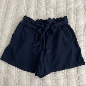 E&M navy blue paper bag tie linen blend shorts